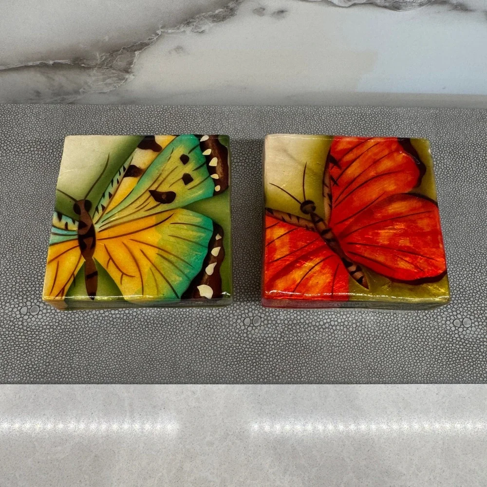 Vintage Capiz Shell Butterfly Trinket Boxes Set of 2 Handmade Philippines Square